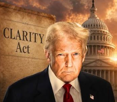 A close-up of President Donald Trump in a dark suit and red tie, standing in front of the U.S. Capitol building at sunset, with an overlaid document titled "CLARITY Act" visible behind him. The image visually reinforces the accompanying post about Trump accepting strict ethics provisions of the bipartisan CLARITY Act.