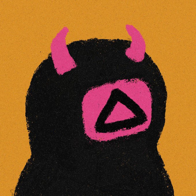A stylized digital artwork featuring a black silhouette with pink horns and a pink triangle within a circle on a mustard yellow background.