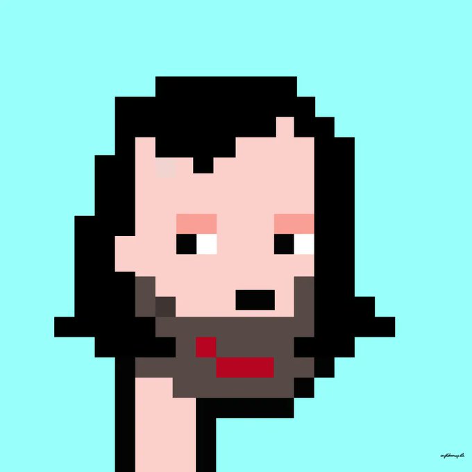 A pixel art portrait of a person with dark hair and a neutral expression against a light blue background.