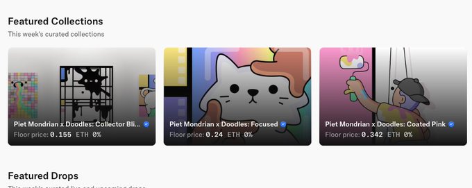 The focus of the post is a collection of three cute cat illustrations, each displayed in different colors and sizes. The first illustration is larger than the other two, located in the upper right corner, while the third one is smaller but still visible. The background of the image appears to be gray or white. In the caption of the photo, it says "really lovely to see @doodles drops doing well in these market conditions big congrats to the doods". This sentence refers back to the post where the illustration collection was featured and is a part of the larger conversation about the doodle collectors' experiences during these challenging times.