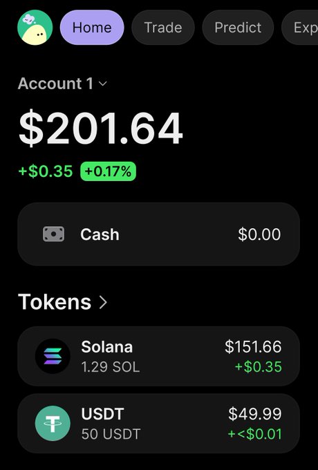 A crypto wallet app showing Account 1 with a balance of $201.64, up $0.35 (+0.17%), holding 1.29 SOL ($151.66) and 50 USDT ($49.99).