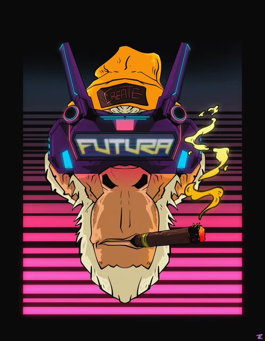 A cyberpunk-style illustration of a chimpanzee wearing futuristic purple visor glasses displaying the word 'FUTURE', a yellow beanie reading 'CREATE', and smoking a cigar against a pink and black striped background.
