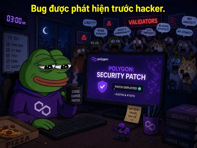 A cartoon-style meme featuring the Pepe the Frog character as a Polygon developer at 03:00 AM, with text reading "Bug được phát hiện trước hacker" and "POLYGON: SECURITY PATCH - PATCH DEPLOYED" while panicked crypto figures shout about their stakes being hacked.