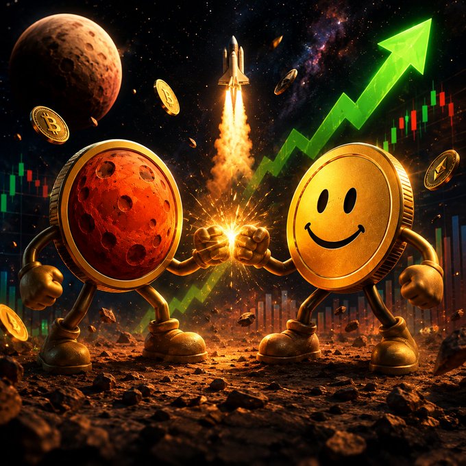 A digital illustration depicts two anthropomorphic coins—one a red cratered planet-like coin and the other a gold smiley face coin—fist-bumping on a rocky surface, with a rocket launching and a green upward stock chart arrow in the background.