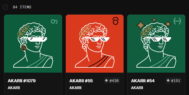 A collection listing of 84 items featuring three AKARII NFTs (#1079, #55, and #54) with prices of 436 and 151 ETH, depicting classical busts wearing pixelated sunglasses in green, red, and teal color schemes.