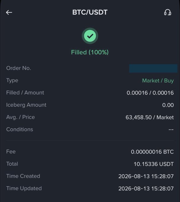 A mobile app screenshot showing a filled BTC/USDT order confirmation with details including an average price of $63,458.50, a total of 10.15336 USDT, and timestamps dated 2026-08-13.
