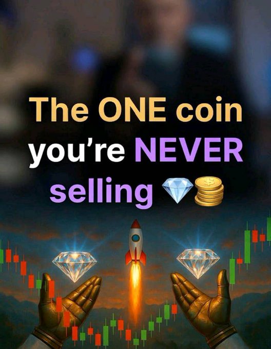 A graphic image with text reading 'The ONE coin you're NEVER selling' featuring golden hands, diamonds, gold coins, a rocket, and a stock chart.