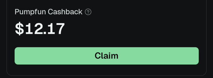 A dark interface showing a 'Pumpfun Cashback' balance of $12.17 with a green 'Claim' button below.