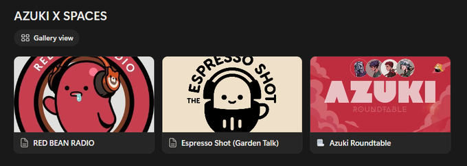 A Twitter/X Spaces gallery view displaying three active audio spaces: RED BEAN RADIO, The Espresso Shot (Garden Talk), and AZUKI Roundtable.