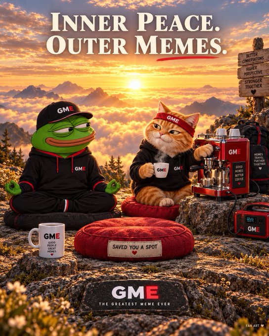 AI-generated meme image with the text "INNER PEACE. OUTER MEMES." featuring Pepe the Frog and an orange cat meditating on a mountain summit, surrounded by GME-branded merchandise.