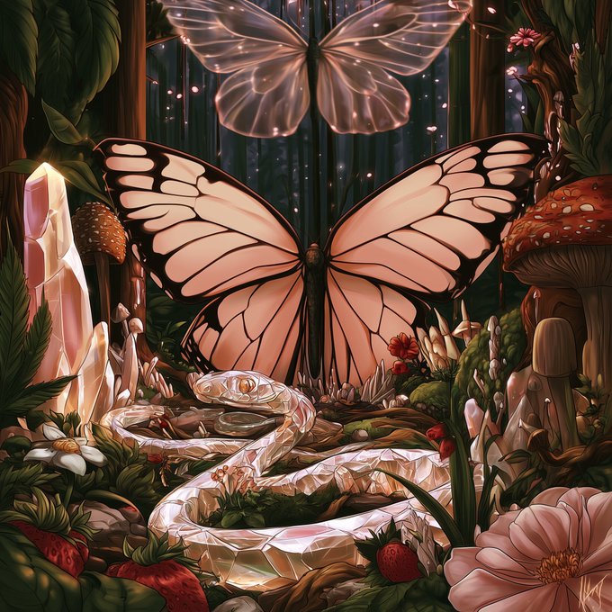 A detailed fantasy illustration depicts a coiled crystal snake beneath a large butterfly with illuminated wings, surrounded by glowing mushrooms, flowers, and crystals in a magical forest setting.