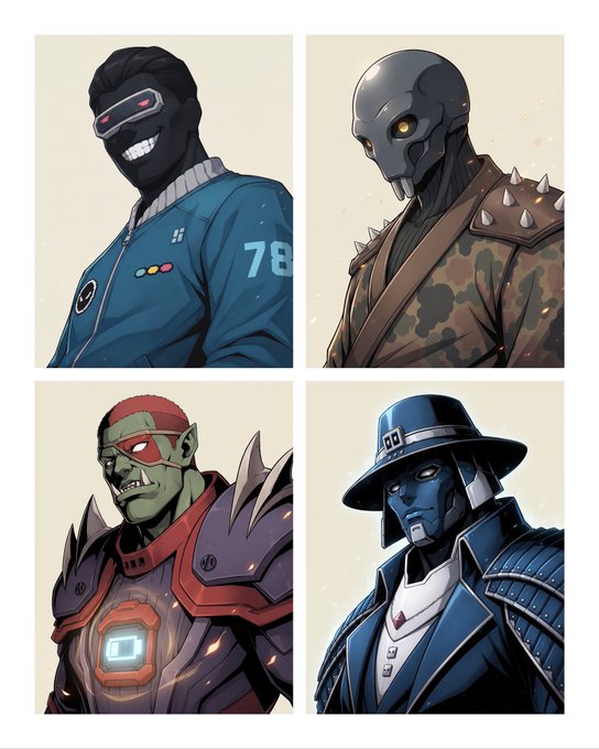 Four comic-style character illustrations arranged in a grid, featuring distinct designs including a masked grinning figure (one marked "78"), a robotic soldier, a green-skinned warrior with a chest reactor, and a blue-skinned samurai-like character in a wide-brimmed hat.