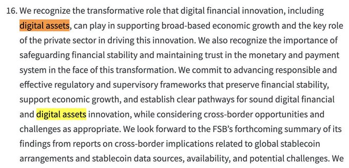 A highlighted excerpt from a G20 communiqué recognizing the role of digital assets in supporting broad-based economic growth and committing to regulatory frameworks that preserve financial stability.