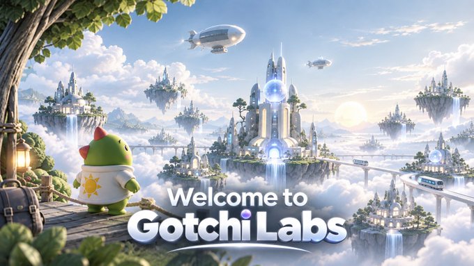 A fantasy landscape promotional image for 'Welcome to Gotchi Labs' featuring a green character in a white cape overlooking floating islands with castles and airships.