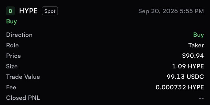 A cryptocurrency trade interface screenshot showing a buy order for HYPE on Sep 20, 2026 at 5:55 PM, with a price of $90.94, size of 1.09 HYPE, trade value of 99.13 USDC, and a fee of 0.000732 HYPE.