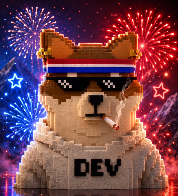 A pixelated dog statue wearing pixelated sunglasses and a red, white, and blue headband with "DEV" displayed below, set against a backdrop of red and blue fireworks and stars — perfectly capturing the SHIBOSHI celebration of American independence on the 4th of July.
