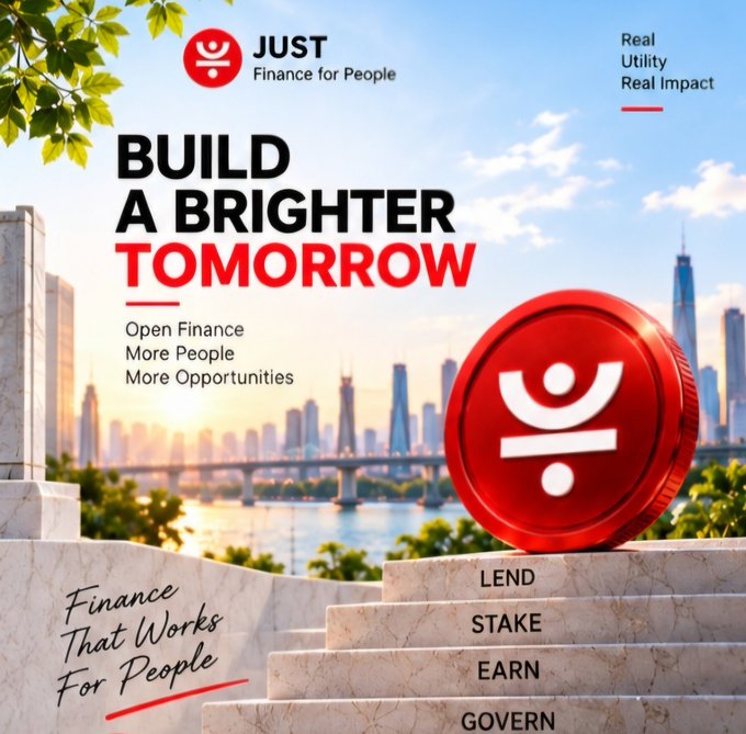 JUST Finance for People promotional graphic with 'BUILD A BRIGHTER TOMORROW' headline, 'Finance That Works For People' tagline, and features LEND, STAKE, EARN, GOVERN options against a city skyline.