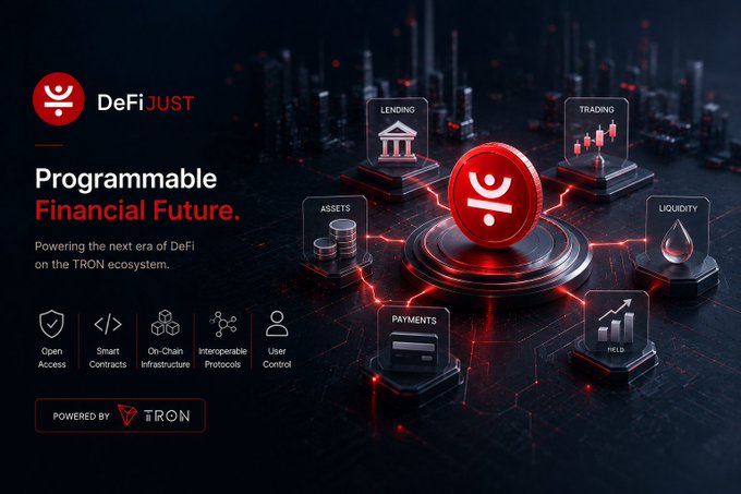 A DeFiJUST promotional graphic advertises a 'Programmable Financial Future' on the TRON ecosystem, featuring icons for Lending, Trading, Assets, Liquidity, and Payments.