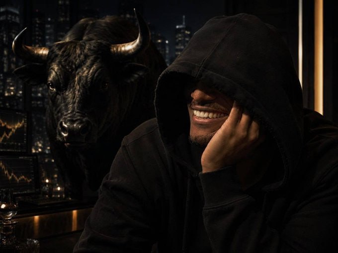 The image shows a hooded figure smiling, standing beside a bull in front of a nighttime cityscape, evoking a mysterious, exclusive vibe fitting the cryptic "$DEALER" token post's emphasis on an insiders-only "cult" mentality.