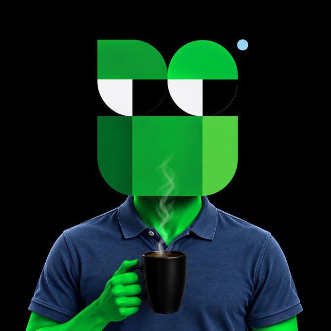 A surreal digital illustration of a figure wearing a blue polo shirt and a green, geometric head, holding a black mug from which steam rises against a black background.