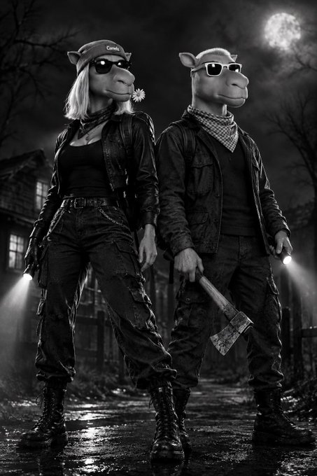 A black and white image showing two anthropomorphic camel characters dressed in biker/horror style attire, with sunglasses, leather jackets, and one wielding an axe in a spooky nighttime setting with a full moon.