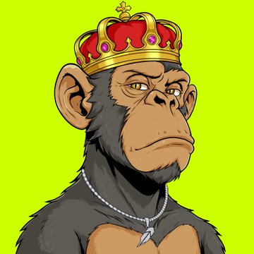 A cartoon illustration of a chimpanzee wearing a red and gold crown and a diamond pendant necklace against a bright yellow-green background.