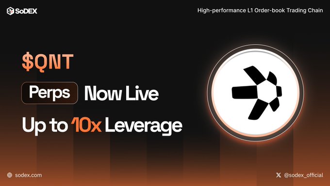 An advertisement for SoDEX announces $QNT Perps Now Live with Up to 10x Leverage on their High-performance L1 Order-book Trading Chain.