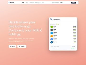 The image shows a website landing page for "The Manager" featuring the tagline "Decide where your distributions go. Compound your $INDEX holdings," which directly relates to the post about @TheManagerFi—a new product by @TheIndexFi that automatically swaps stock dividends from Index and compounds more $INDEX to increase yield.