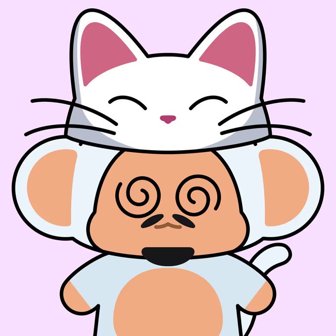 A cute cartoon illustration shows a white cat with closed, smiling eyes sitting on top of a dizzy, cross-eyed monkey against a light purple background.
