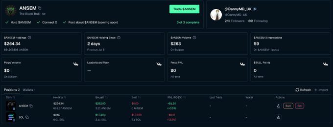 A detailed ANSEM token holder dashboard for @DannyMD_UK showing 3 of 3 tasks complete, $264.34 holdings, and position information for $ANSEM and $SOL on Bullpen.
