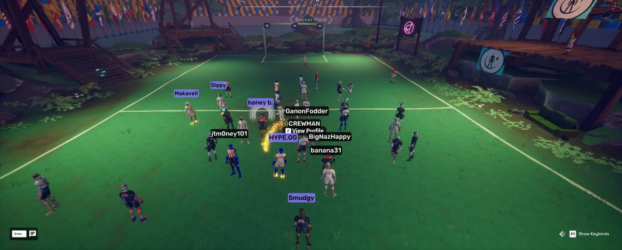 A screenshot from a video game showing an online soccer/football match with players bearing usernames like 'Dippy', 'honey b.', 'Makaveli', 'GanonFodder', 'CREWMAN', 'HYPE.OG', 'BigNazHappy', 'banana31', 'Jtm0ney101', and 'Smudgy'.
