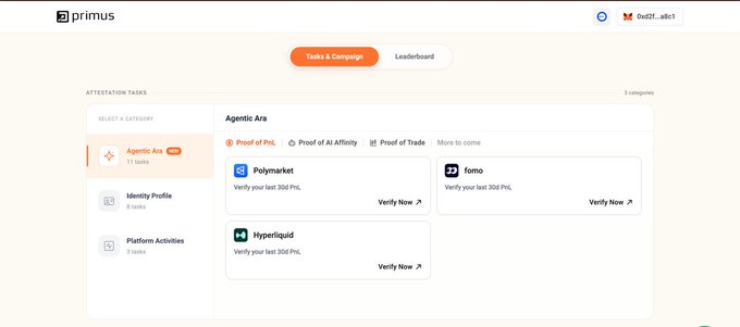 A screenshot of a website called 'primus' showing attestation tasks, specifically an 'Agentic Era' category with options for 'Proof of PoI', 'Proof of AI Affinity', and 'Proof of Trade' for Polymarket, Fomo, and Hyperliquid.