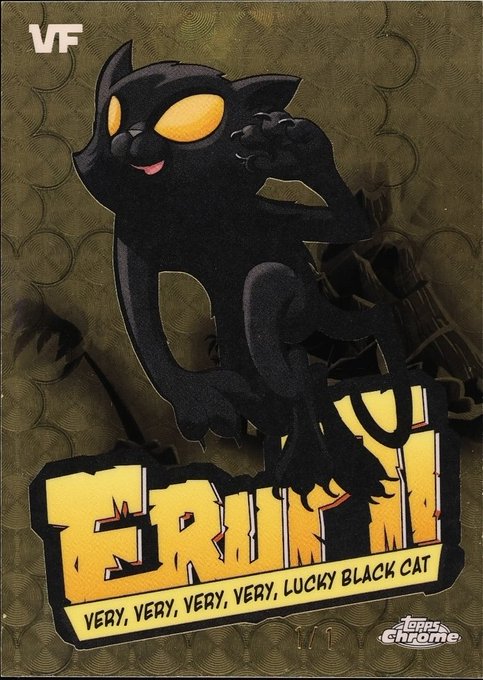 A comic book-style cover featuring a black cat with glowing yellow eyes perched on a yellow 'GRUMF!' logo, with text reading 'VERY, VERY, VERY, VERY, LUCKY BLACK CAT'.