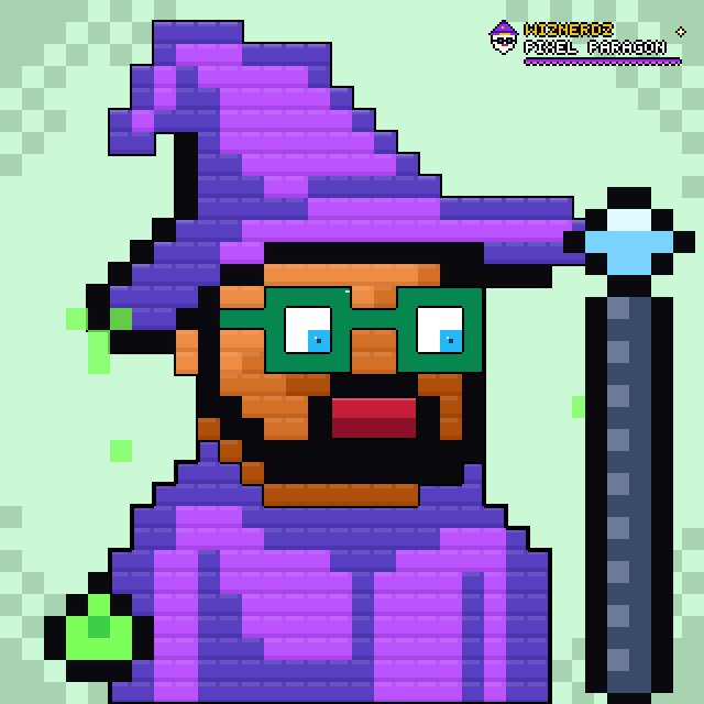 A pixel art illustration of a bearded wizard in a purple hat and robe holding a staff, branded with 'Wizzhero Pixel Patreon' in the top right corner.