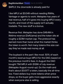 A Discord post by user 'BagWorkerMax' analyzing $MPLX, noting that the downside is already priced in and detailing Metaplex's $49.4M lifetime revenue and $23M market cap as undervaluation.