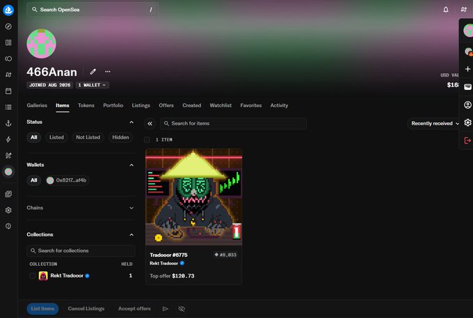 The image shows an OpenSea profile page for user "466Anan," displaying their "Items" tab with a single listed NFT—"Tradooor #5779" (Rekt Tradooor #803) with a top offer of $120.73—alongside a wallet balance of $16 and a join date of August 2026. The pixel-art NFT features a character in a conical hat with cyberpunk aesthetics, matching the post's mention of purchasing #8033 and praising the Mando Tradooor collection's pixel-cyberpunk design.