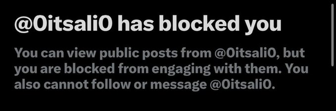 A notification screen indicating that @Oitsali0 has blocked the user, restricting their ability to engage with, follow, or message the account.