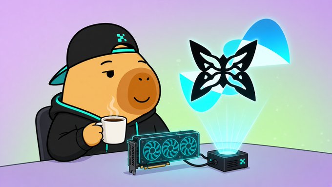 A cartoon illustration of a character wearing a black hoodie and cap, holding a cup of coffee next to a computer graphics card projecting a butterfly hologram.