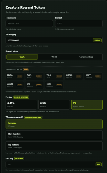 A dark-themed web interface for creating a reward token, showing fields for token name "Reward Coin", symbol "RWD", and a 1 billion total supply using USDG.