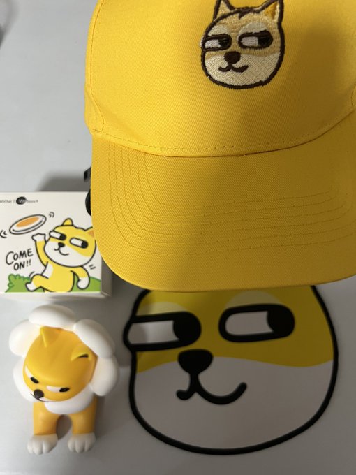 A yellow baseball cap featuring an embroidered cat/dog character face sits alongside a matching figurine with a fluffy white mane, a sticker showing the same character with "COME ON!!" text, and what appears to be a packaged "Butterfly" themed item—all BSC/BNB-themed merchandise promoting the Butterfly meme coin ecosystem referenced in the post.