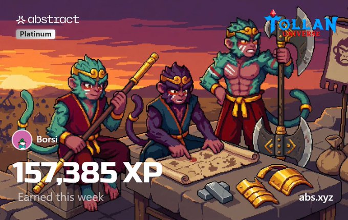 A pixel-art illustration of three green-skinned warrior monkeys at a table examining a map, with text showing 'Abstract Platinum' and '157,385 XP Earned this week' by Borsi.