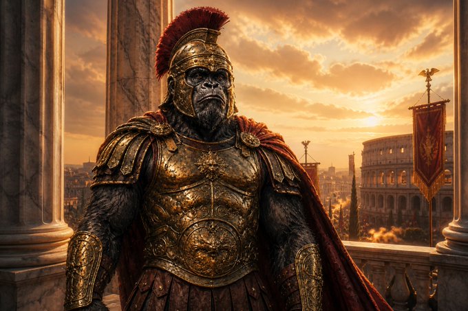 A dramatic digital artwork of a gorilla dressed as an ancient Roman centurion in ornate gold armor and a red-plumed helmet, standing on a marble balcony with the Colosseum and sunset sky in the background.