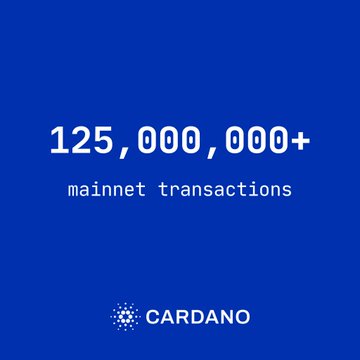 A blue promotional graphic from Cardano announcing a major milestone: "125,000,000+ mainnet transactions," with the Cardano logo and name featured below. The image visually reinforces the post's announcement of Cardano ($ADA) surpassing 125 million mainnet transactions, highlighting the network's growing on-chain activity.