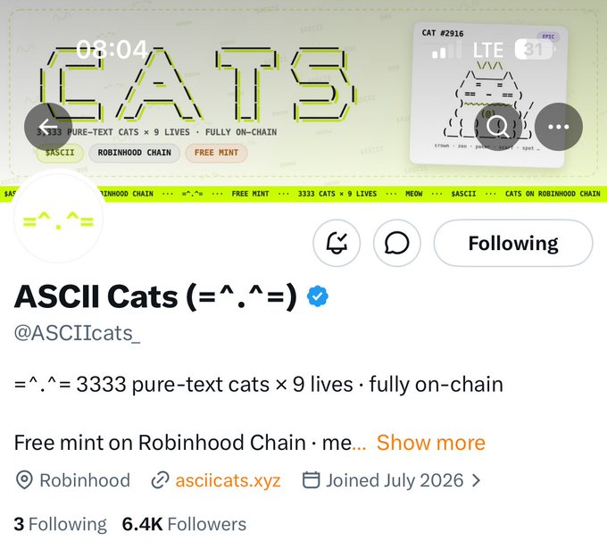 A Twitter/X profile page for 'ASCII Cats (=^.^=)' (@ASCIIcats_) with 6.4K followers, showing ASCII cat art, 08:04, and a phone mockup displaying 'CAT #2916' on an LTE connection.