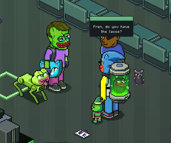 A pixel art scene shows zombie-like characters, including one in a purple shirt with a green-skinned creature, while a speech bubble reads 'Fren, do you have the tacos?' near a character holding a container labeled 'JAM'.
