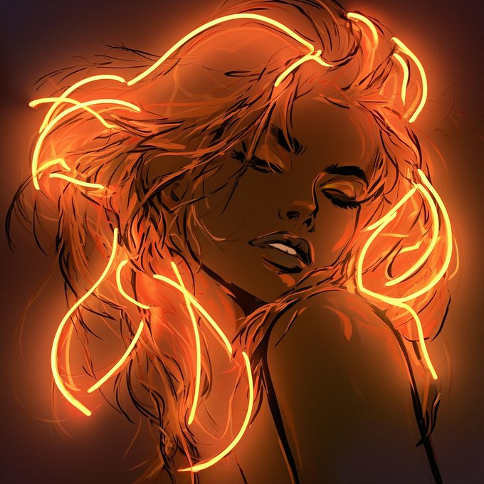 A digital illustration of a woman with glowing orange neon-style light streaks woven through her voluminous, windswept hair against a dark background.