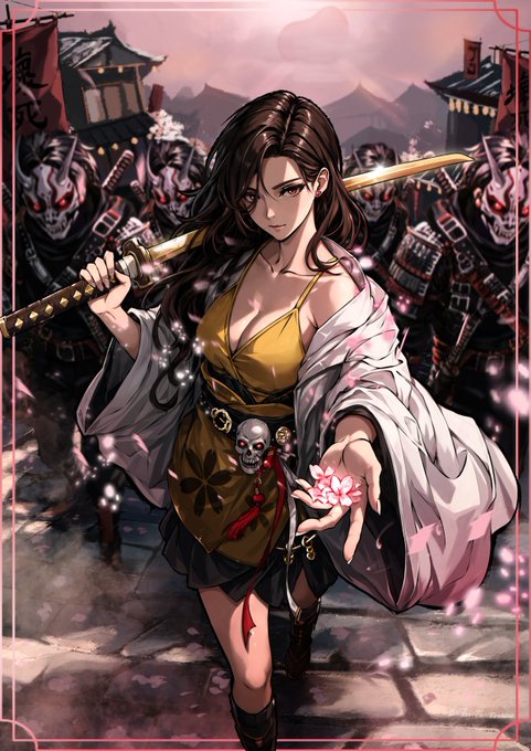 A fierce anime-style woman wields a gold katana, surrounded by samurai demons, with a decorative skull charm and falling cherry blossoms adding detail to her outfit. The artwork reflects the Azuki gold katana commission mentioned, showcasing clean shading and a striking background that emphasizes the weapon's prominence.