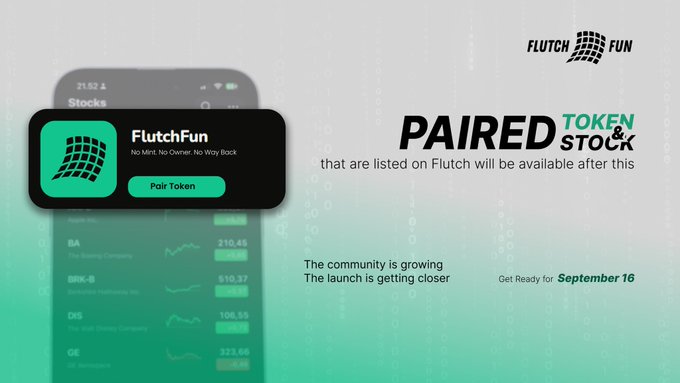 A promotional graphic for FlutchFun featuring a mobile app interface with the text "PAIRED TOKEN & STOCK" and "Get Ready for September 16."