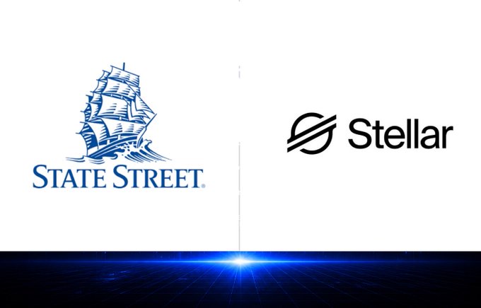 A graphic displaying the State Street corporate logo (a sailing ship) alongside the Stellar cryptocurrency logo against a white background with a blue light effect.