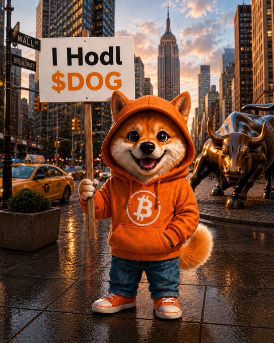 An AI-generated illustration of a smiling Shiba Inu dog wearing an orange Bitcoin hoodie and sneakers, holding a sign reading "I Hodl $DOG" near Wall Street with the Charging Bull statue in the background.